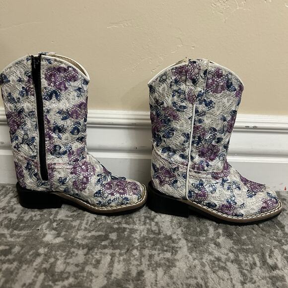 Old West Western Boots Girls Toddler Size 7.0-D Child Floral Sparkle Square Toe - Picture 6 of 12